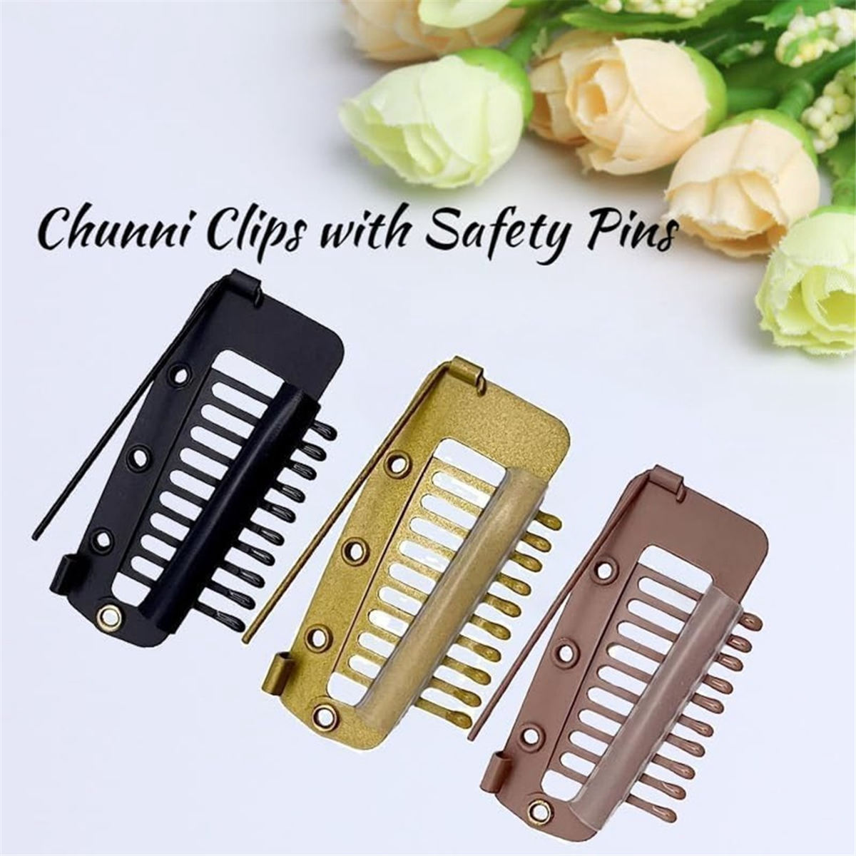 Pack of 10 Strong Chunni Clips with Safety Pin, Easy to Use with Dupatta,  Hijab & Tikka Setting Gold 